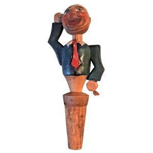 Hand Carved Wood Wine Bottle Stopper Mechanical Man with Tie No Hat Vtg